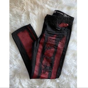 Men’s red and black distressed jeans